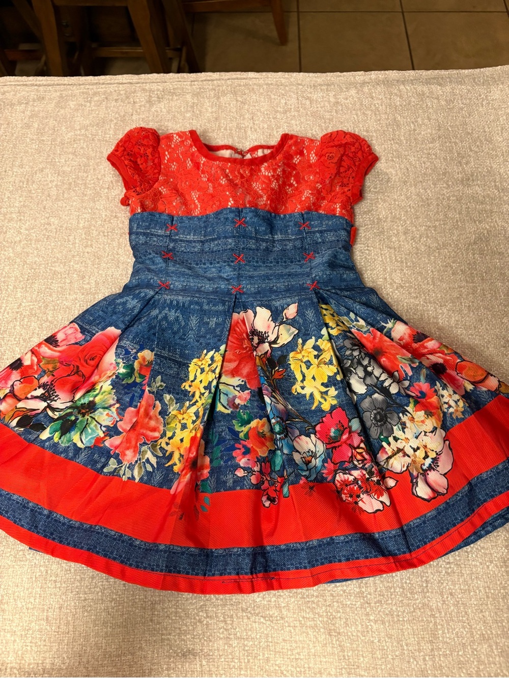 Toddler girls vintage My Baby Red Lace Top Floral Skirt Dress
